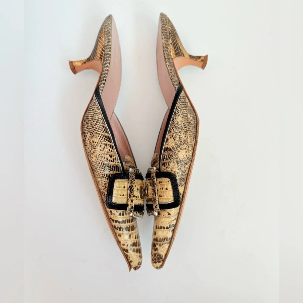 Prada Beige/ Tan Python snakeskin Vintage Buckle Embellished Kitten mules EU37.5 - Picture 3 of 8